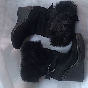 Marc Fisher Black Boots with Fur Wedge Heel Size 10M
